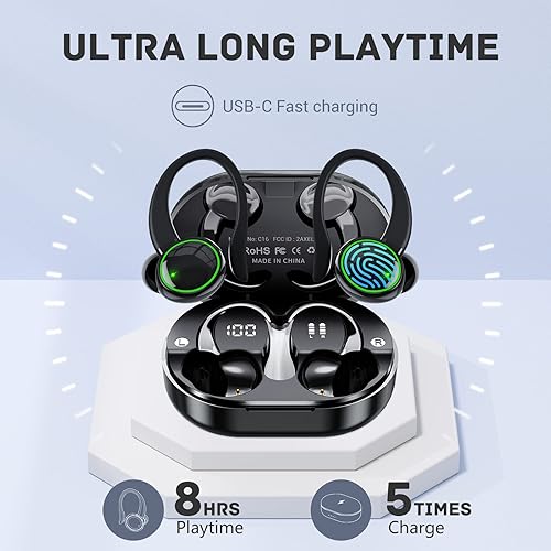 Miniatura 3 de Para Xiaomi Poco M3 Bluetooth 5.3 Auriculares 3D Estéreo con gancho para la oreja, Control táctil 40H sobre la oreja, IP7 Auriculares impermeables