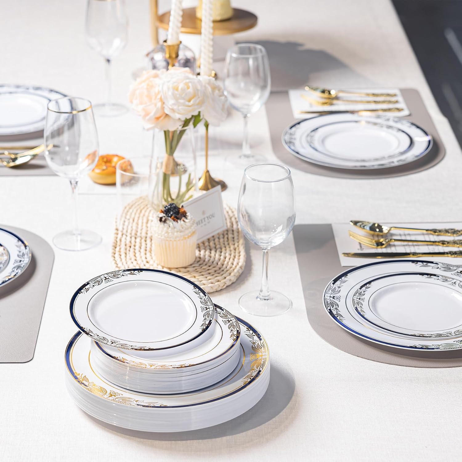 PREMIUM 180 Pcs White and Gold Floral Plastic Plates with Silverware，Fancy Disposable Dinnerware Sets with Napkins,Elegant Disposable Plates and Utensils Set For Party, Thanksgiving (30 Guests)