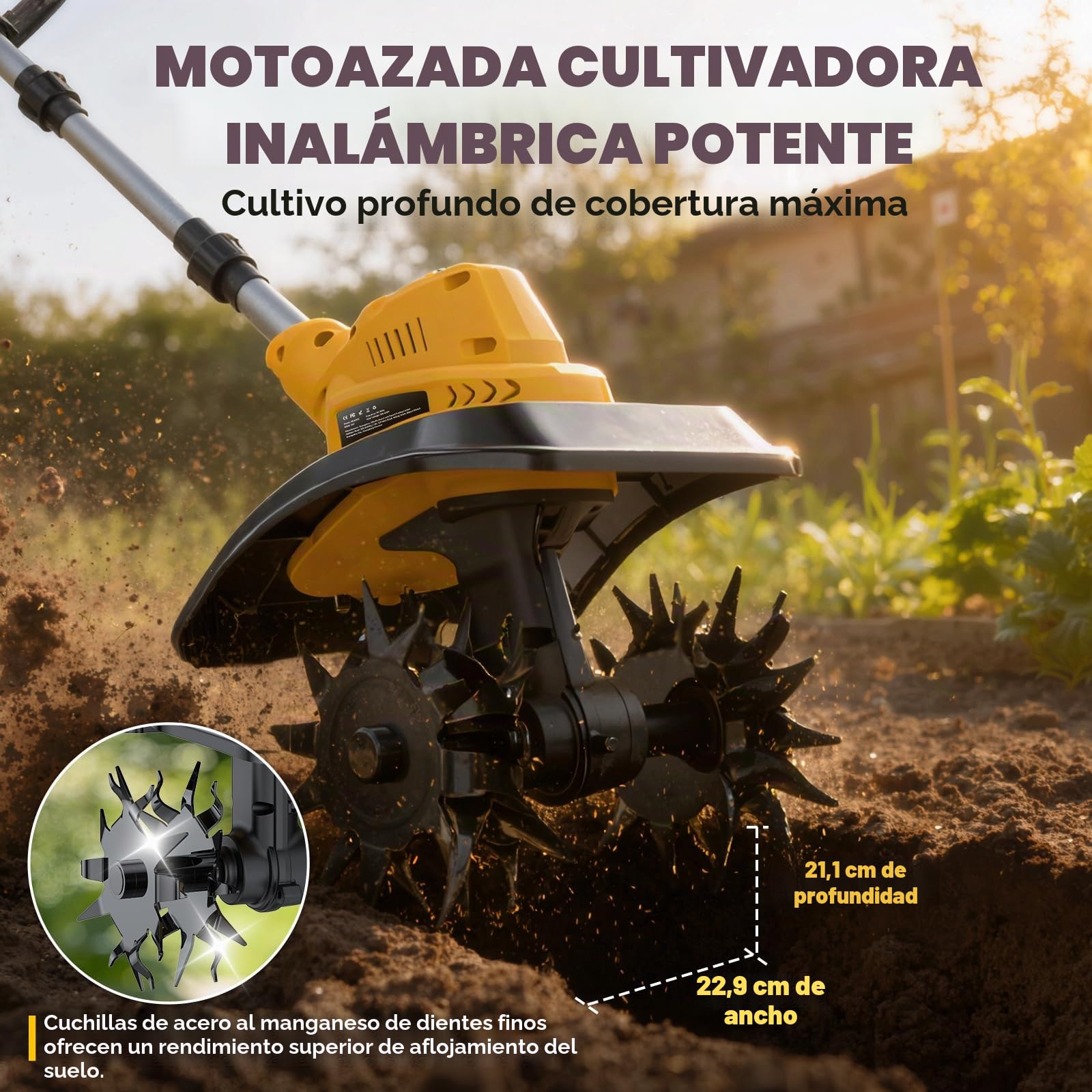 Motocultor Eléctrico Inalámbrico con 2 Baterías de 4,0 Ah, 400 RPM, Batería Sin Escobillas, Ancho 23 cm y Profundidad 21 cm, Motocultor Plegable para Labrar y Suavizar el Suelo