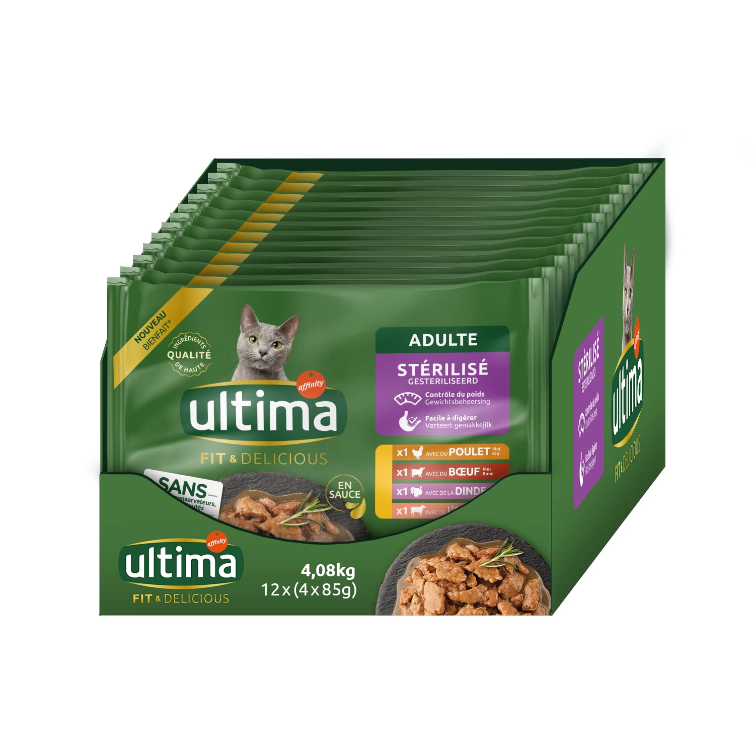 ULTIMA - Bolsa de Comida para Gatos esterilizados Pollo, Pavo, Ternera y Cordero - 12 multipacks x 4 x 85 g