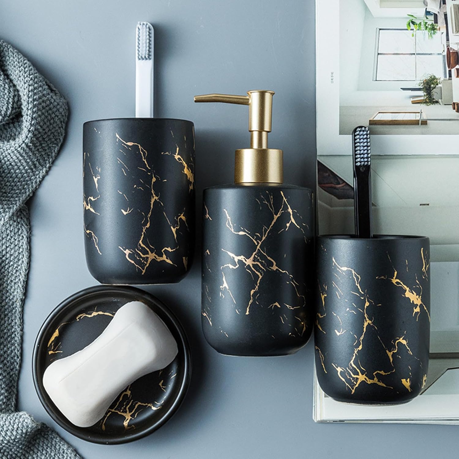 Bathroom Accessories Set of 4 Lotion Bottle Mouthwash Cup Soap Dish Toothbrush Holder Multifunction Household Supplies Rust Free Metal Head