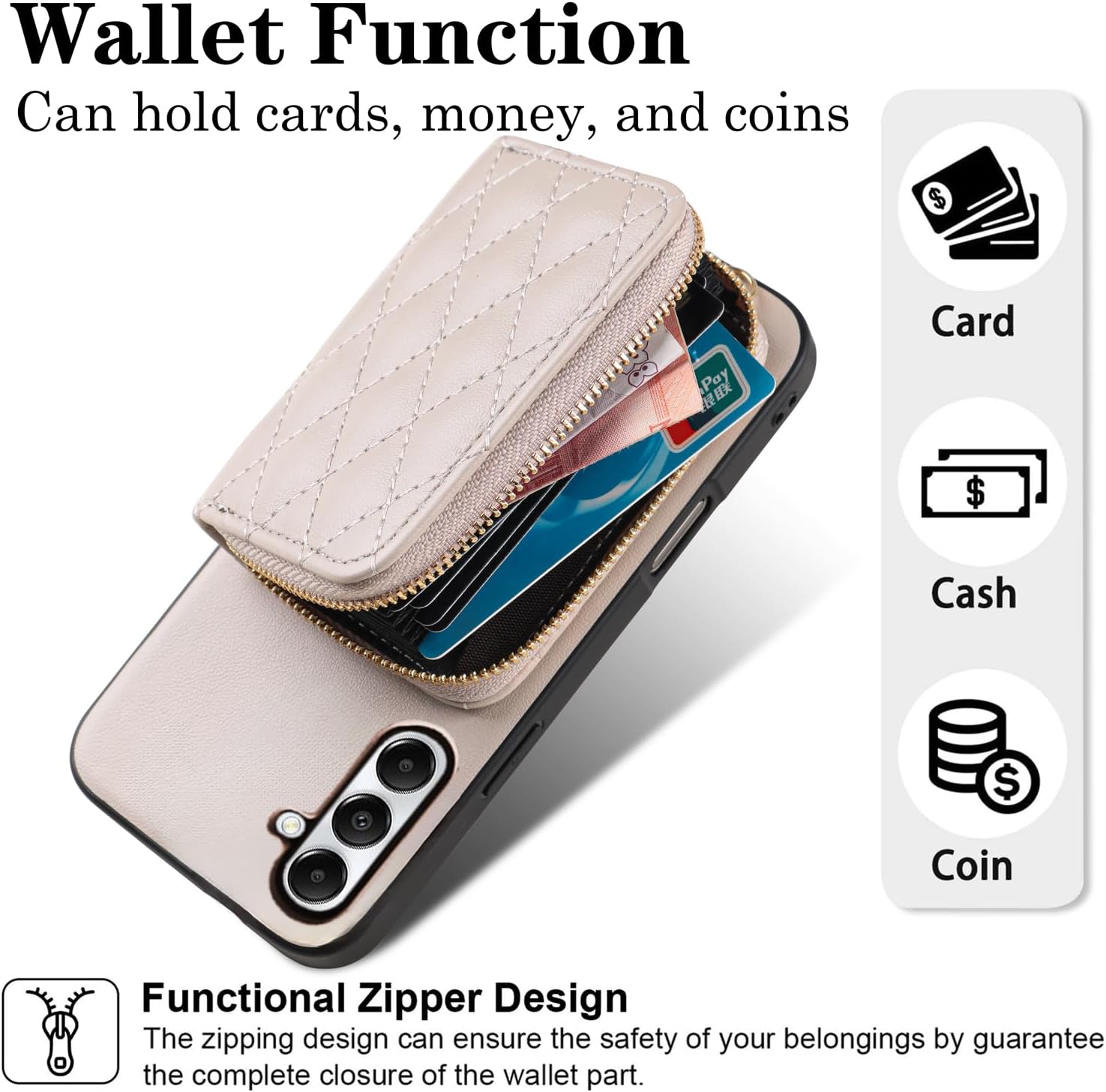 Argyle Wallet Cover for Samsung Galaxy A32 4G 6.4 inch with Screen Protector Shoulder Strap, Luxury PU Leather Zipper Organ Card Holder Stand Phone Case for A 32 32A S32 G4 SM-A325M/DS Khaki