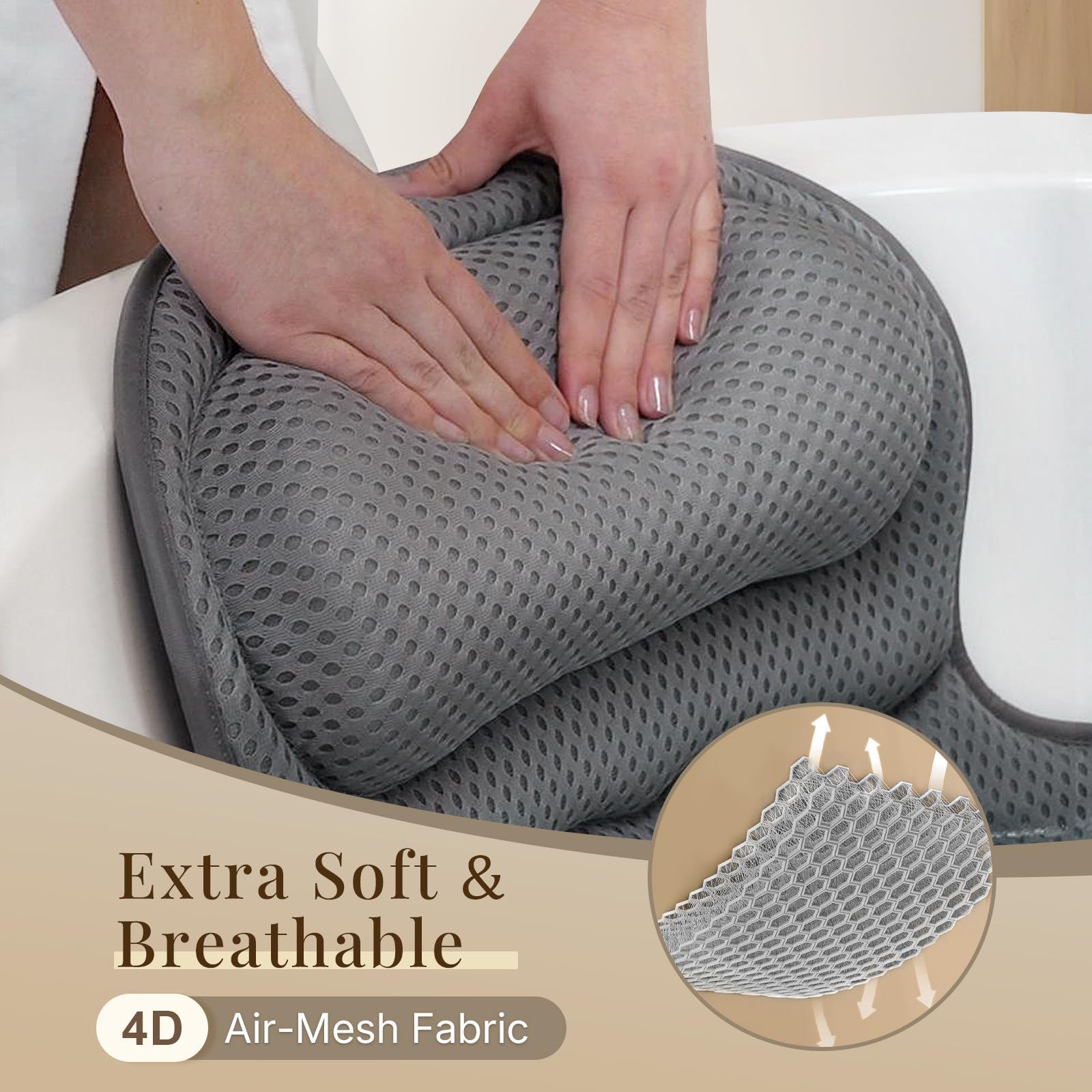 Bath Pillow Bathtub Pillow, Luxury Bath Pillows for Tub Neck and Back Support, Bath Tub Pillow Headrest with Soft 4D Mesh Fabric and Non-Slip Suction Cups, Relaxing Bath Accessories Spa Gifts: Gray