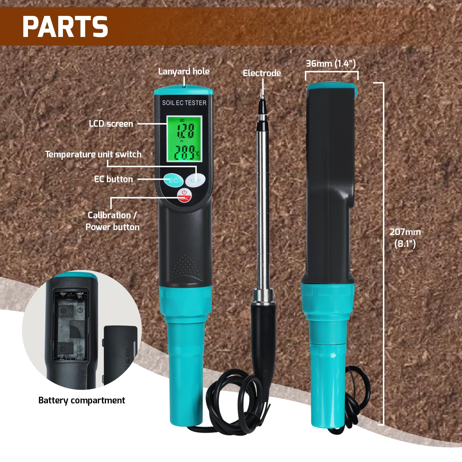 Medidor Portátil de CE y Temperatura del Suelo - Analizador de Fertilidad y Conductividad para Plantas, Jardinería, Invernaderos (Interior/Exterior) IP67