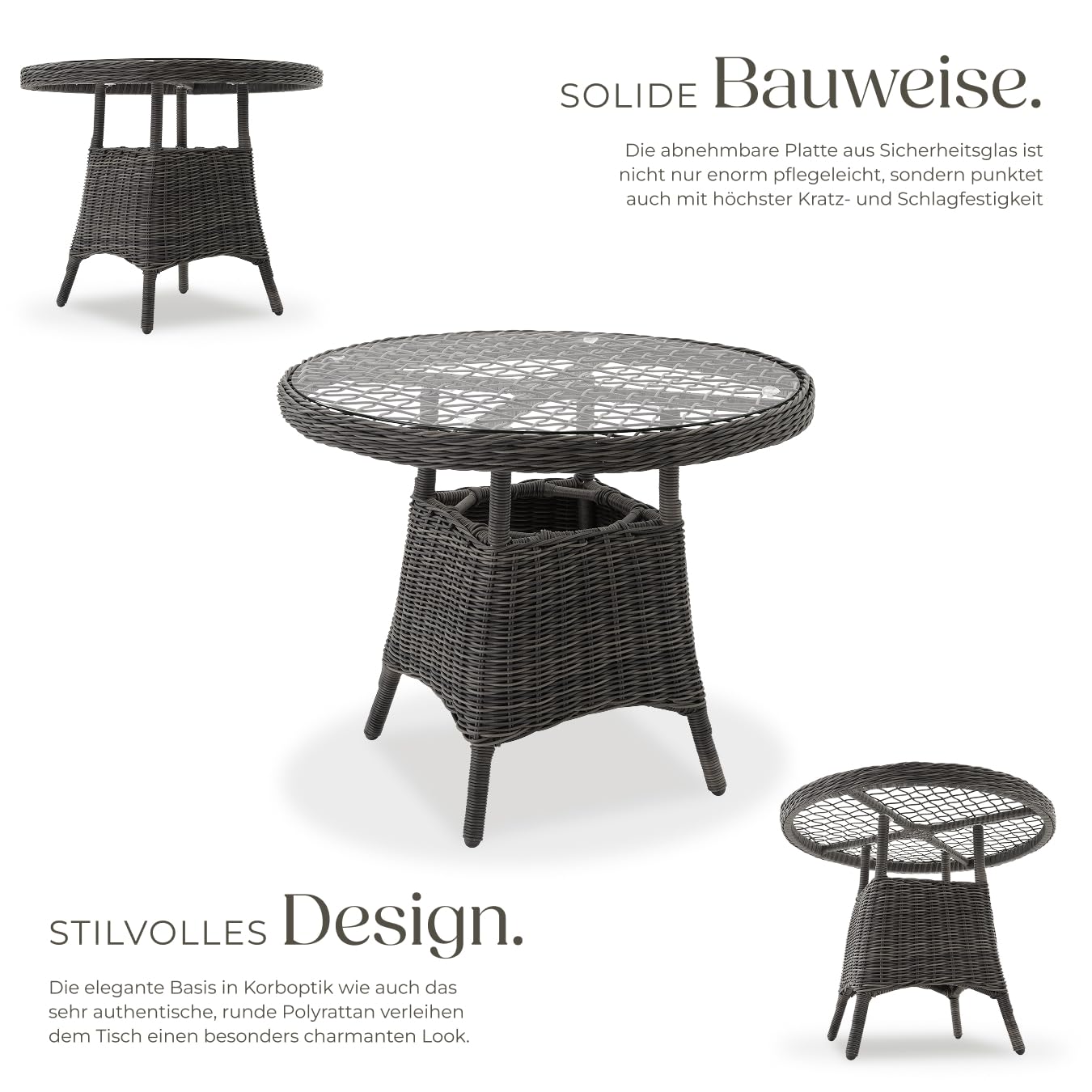 tectake 800817 Alu Gartentisch mit hochwertigem Polyrattan Geflecht, Tischplatte aus Sicherheitsglas, Outdoor Beistelltisch für Garten, Terrasse und Balkon, rund (Grau | Nr. 403680)
