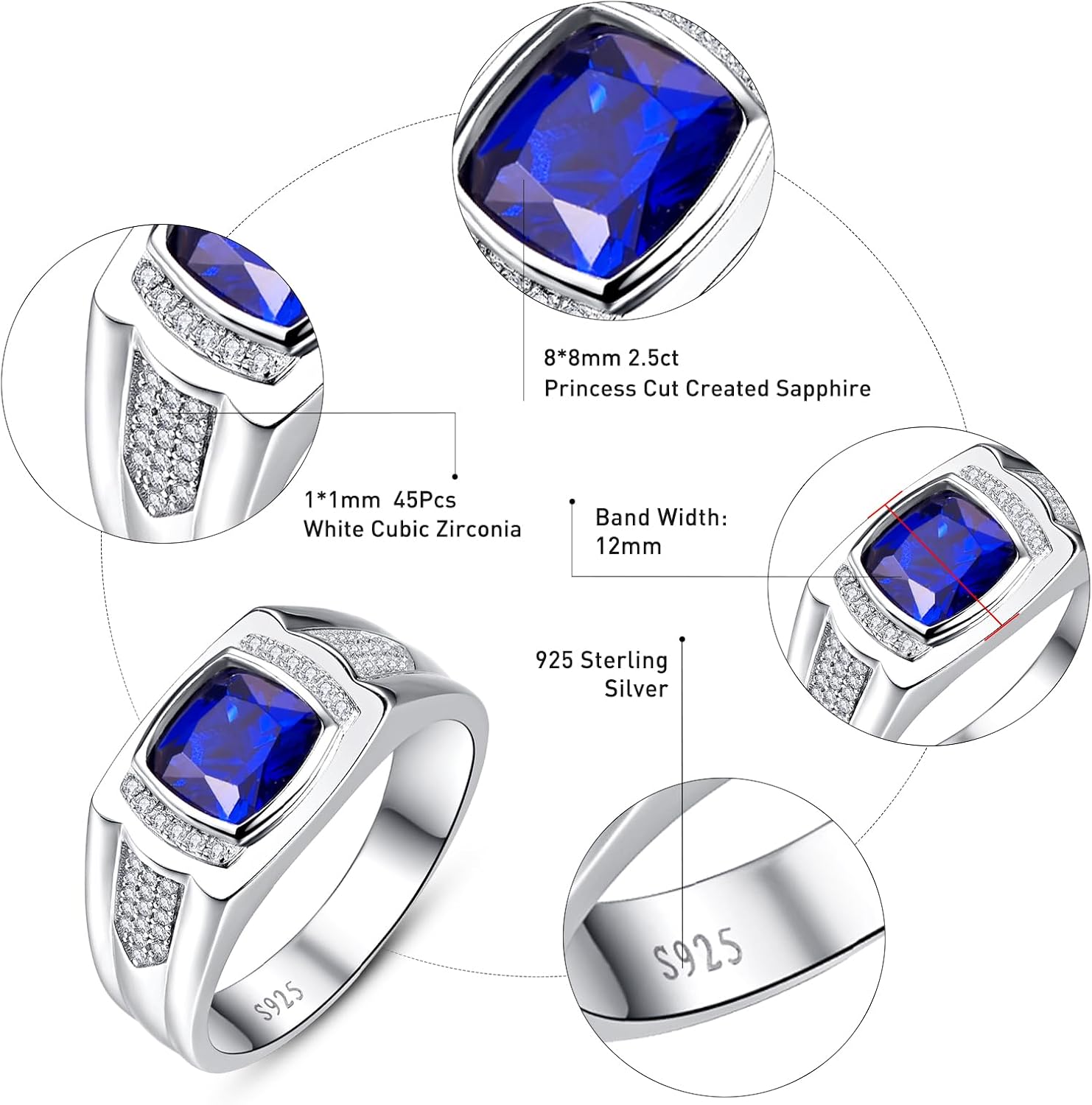 8 * 8mm 2.85CT 925 Sterling Silver Mens Gemstone Ring Princess Cut Created Black Onyx|Sapphire|Emerald|Ruby Mens Wedding Band Engagement Ring Pave CZ W/AAA Size 6-13 - Image 3