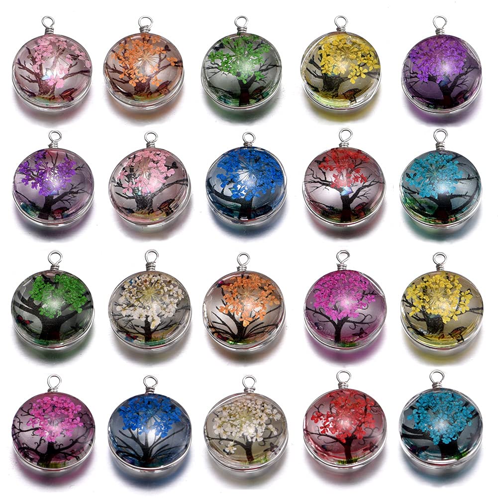 10pcs Mix Dried Pressed Flower Life Tree Charms Flower Glass Beads Pendant Plant Pendant for DIY Necklace Bracelets Jewelry Making