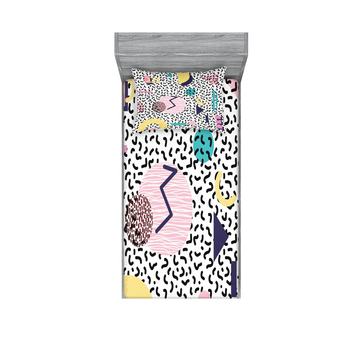 Ambesonne Vintage 2 Pack Fitted Sheet & Pillow Sham Set, Retro Geometric Shapes, 4 Pcs Bedding Decor, Package Contains 2 Twin Size Fitted Sheets & 2 Pillow Covers, Navy Yellow Pink