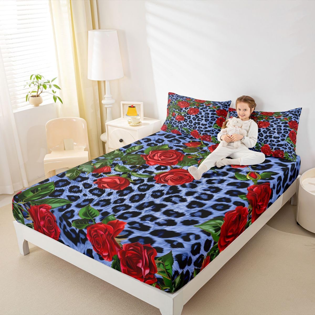 Erosebridal Navy Leopard Print Bed Sheets Red Blue Black Fitted Sheet Queen Size, African Animal Fur Sheets Chic Floral Bedding, Wild Cheetah Print Bed Cover for All Seasons (Deep Pocket)