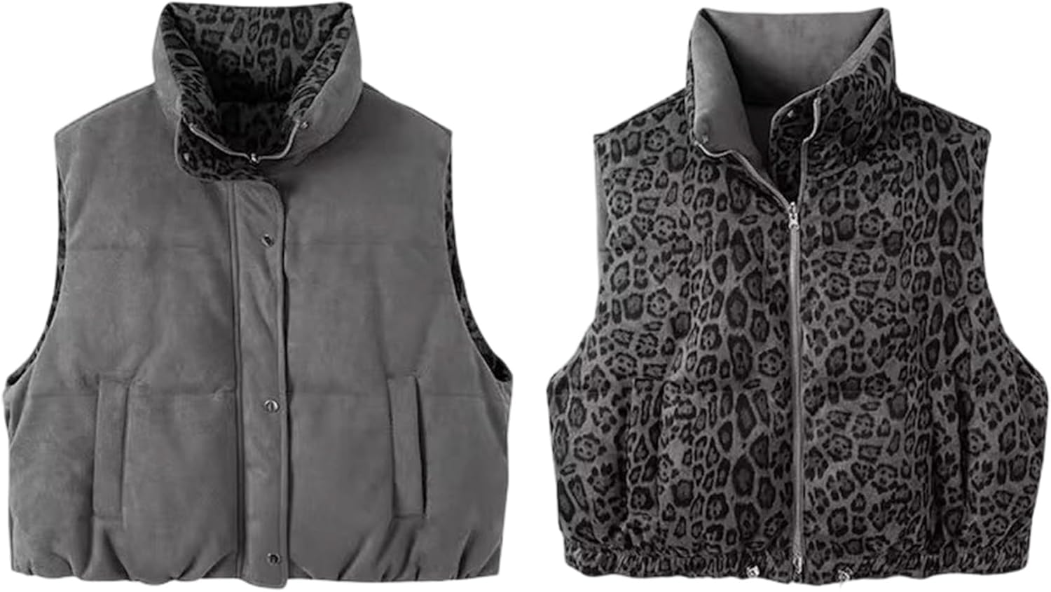 Leopard Reversible Puffer Vest Women Stand Collar Faux Suede Vest Cheetah Puffy Vest Winter Warm Padded Vest Jacket