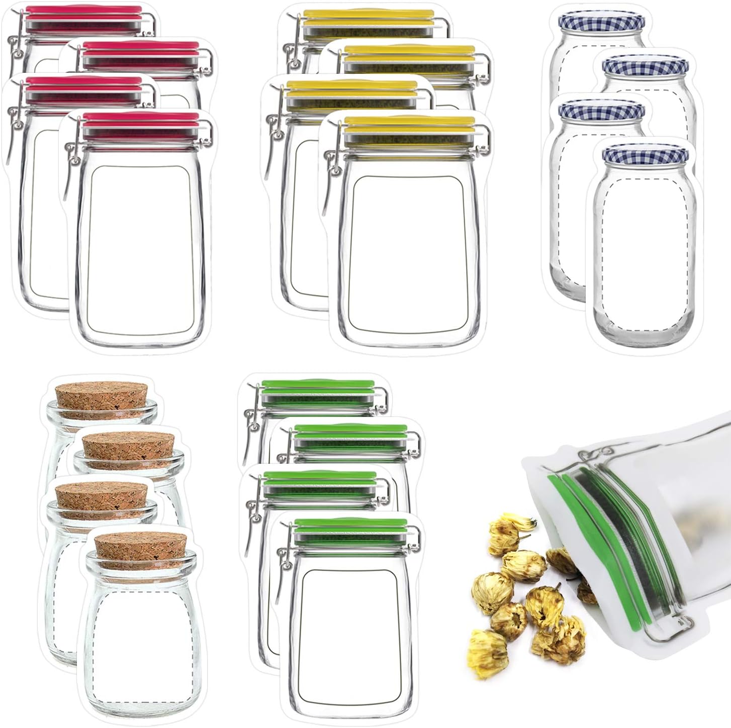 TADAE 20 Pack Mason Jar Zipper Bags, Food Storage Snack Zipper Bags, Reusable Airtight Seal Food Storage Bags, Leak-proof Food Saver Bags for Travel Camping and Kids