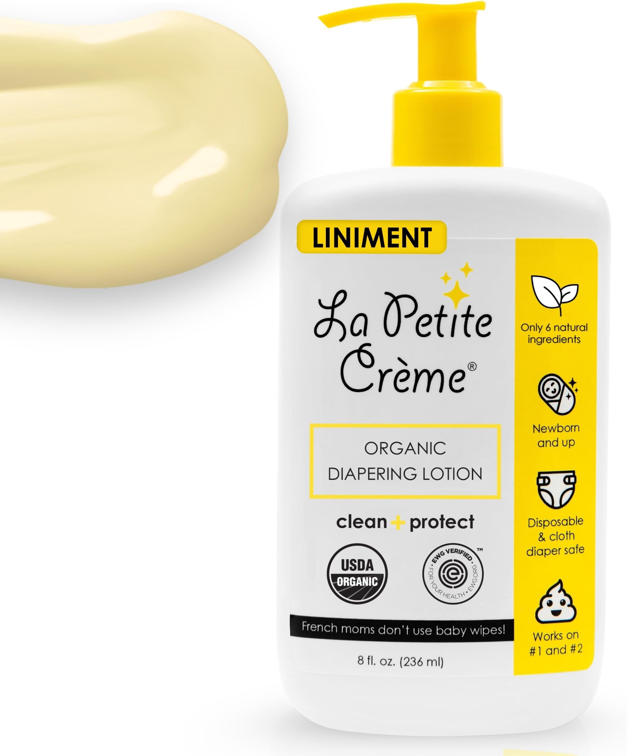 La Petite Creme French Premium Liniment Baby Lotion - Diaper Cream Alternative to Wet Wipes - Gentle Moisturizer & Skin Cleanser, USDA Certified Organic Ingredients - Newborn Essentials (8 oz)