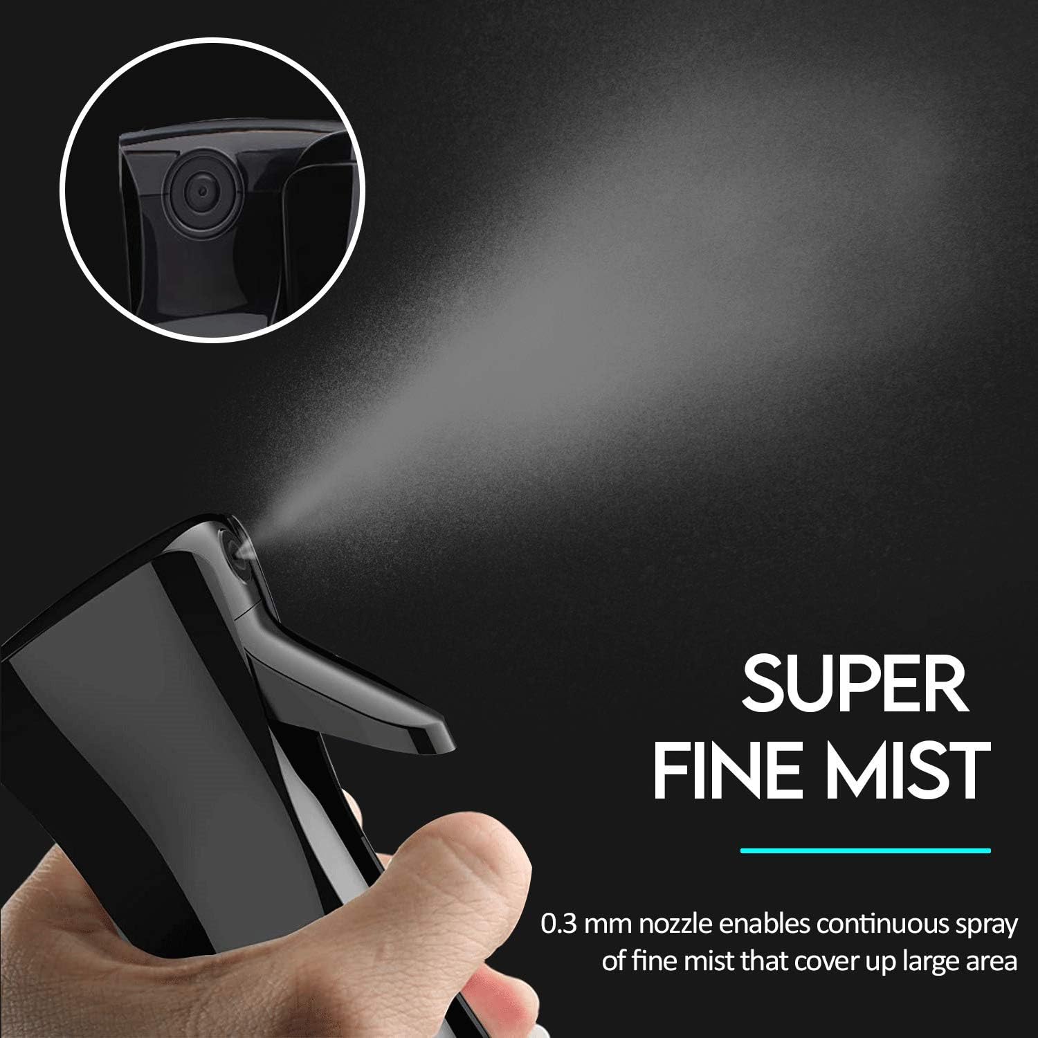 Swano Hair Spray Bottle 200ML Black, Empty Continuous Water Mist Bottle for Cleaning, Hair Curling, Plants and Skin Care