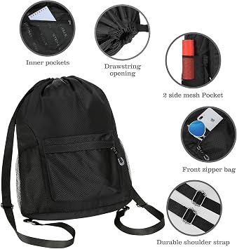 Waterproof Drawstring Bag, Lightweight String Backpack with Water Bottle Holder and Pockets, Gym Sports Cinch Sackpack (Black)