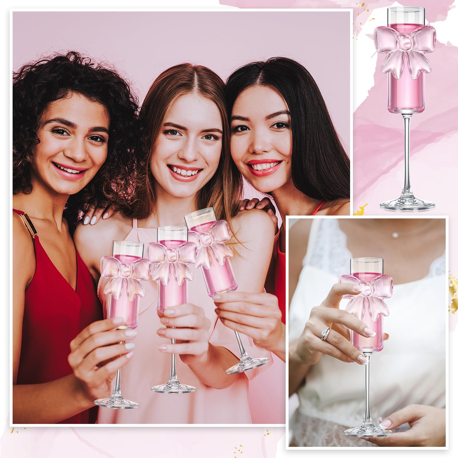 Pink Bow Champagne Flutes - Wedding Glasses -5