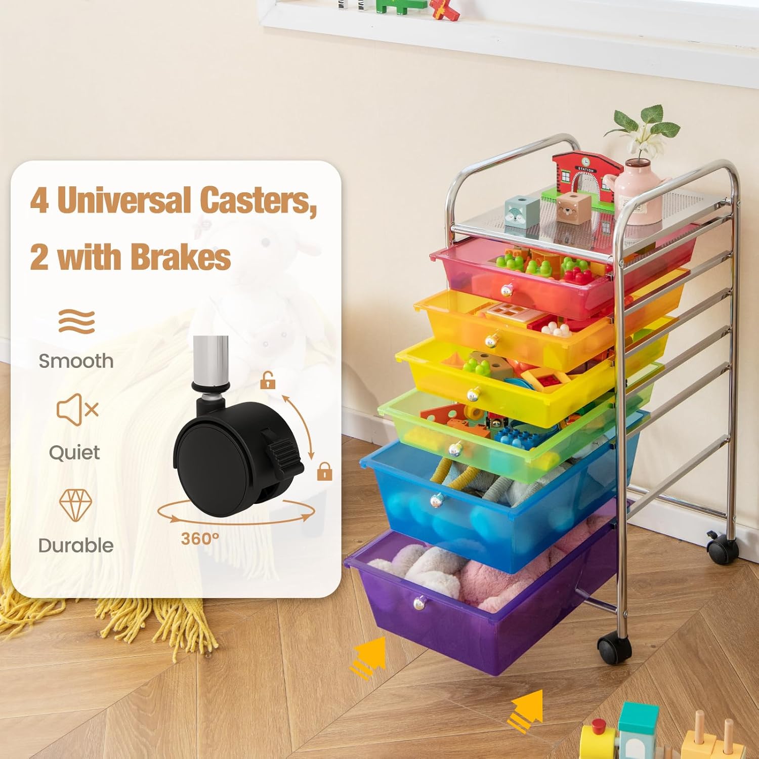 Squareful 6 Drawers Rolling Storage Cart, Multipurpose Organizer Cart, Mobile Utility Cart for Home, School, Office (Multicolor)