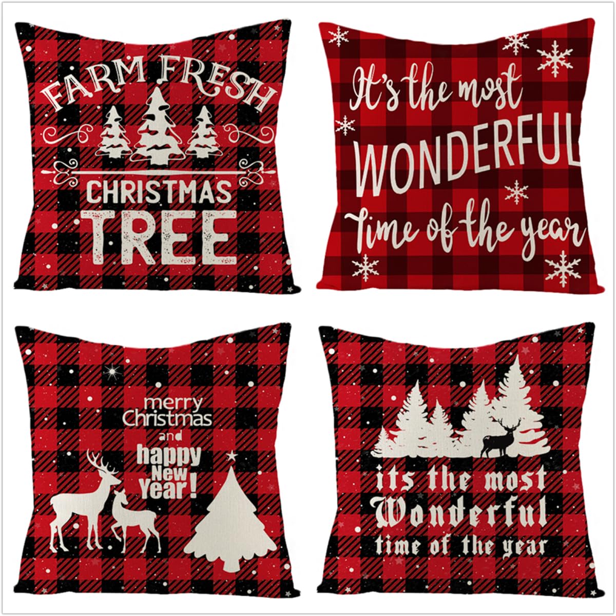 Fundas Cojines 65x65cm,Funda Cojin Modernas Juego de 4 Funda de Almohada Elegantes Decorativa para Sofá Coche Cama Sillas Navidad a Cuadros Rojos