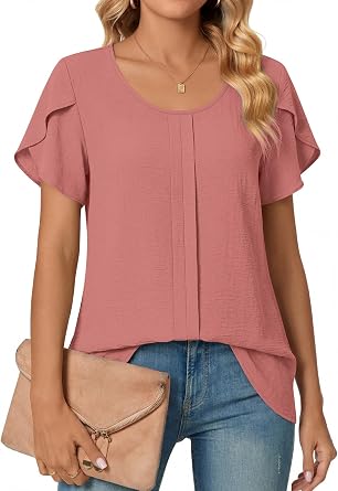 CATHY Womens Summer Tops Crewneck Petal Short Sleeve Shirts Casual Dressy Blouses