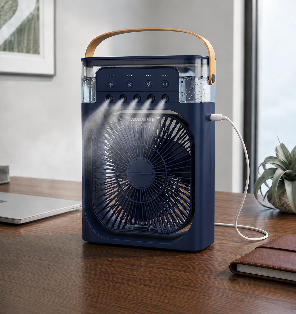 Portable USB Air Cooler Fan with Cool Mist Spray, 3 Speed Modes, LED Light, Built-in Handle, for Home, Office & Bedroom-image-46