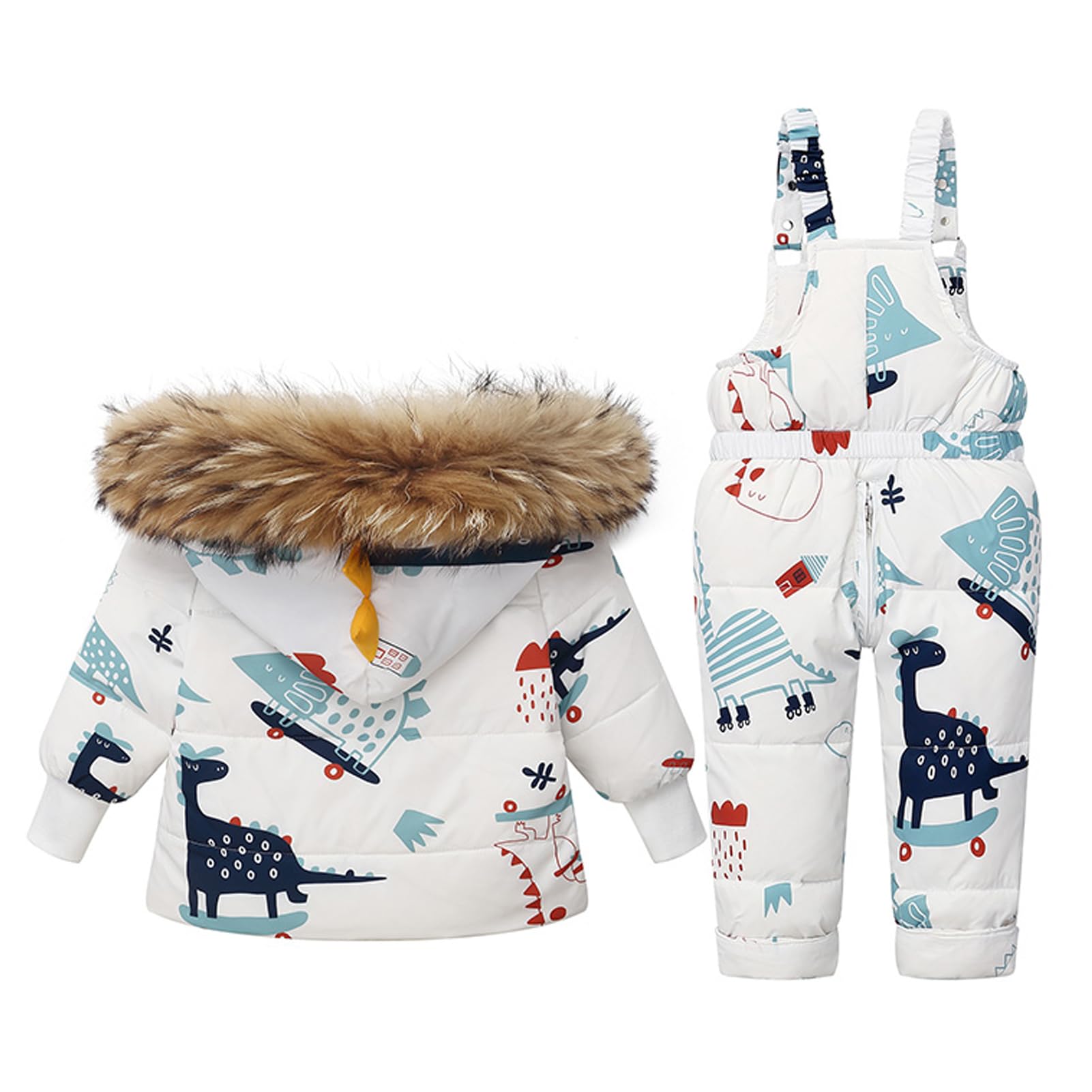 BRONG Bambino Tuta da Neve Inverno 2 Pezzi Vestito Impostato, Bambini Giù Giacca con Cappuccio e Nevicare Bavaglino Pantaloni Dinosauro Cartone Animato Tuta da Sci Impostato