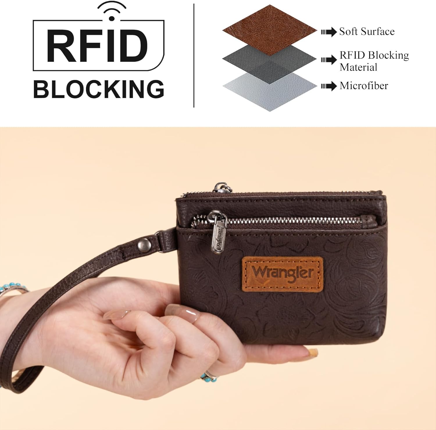 Wrangler Coin Purse for Women RFID-blocking Floral Embossed Change Pouch Wristlet Wallet Lightweight Portable Wallets Coffee - Image 3