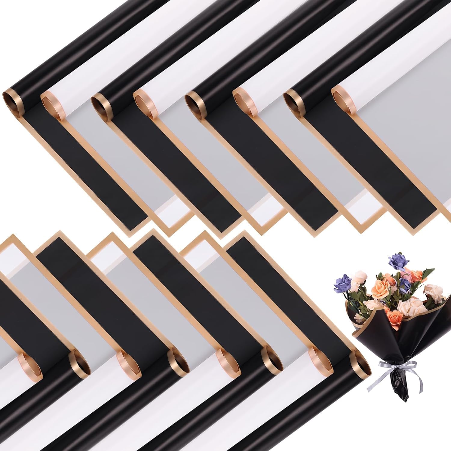 Just Flowers Waterproof Floral Wrapping Paper, Gift Wrapping Paper Roll Sheet, Florist Bouquet Supplies (Black & White, Pack of 20)