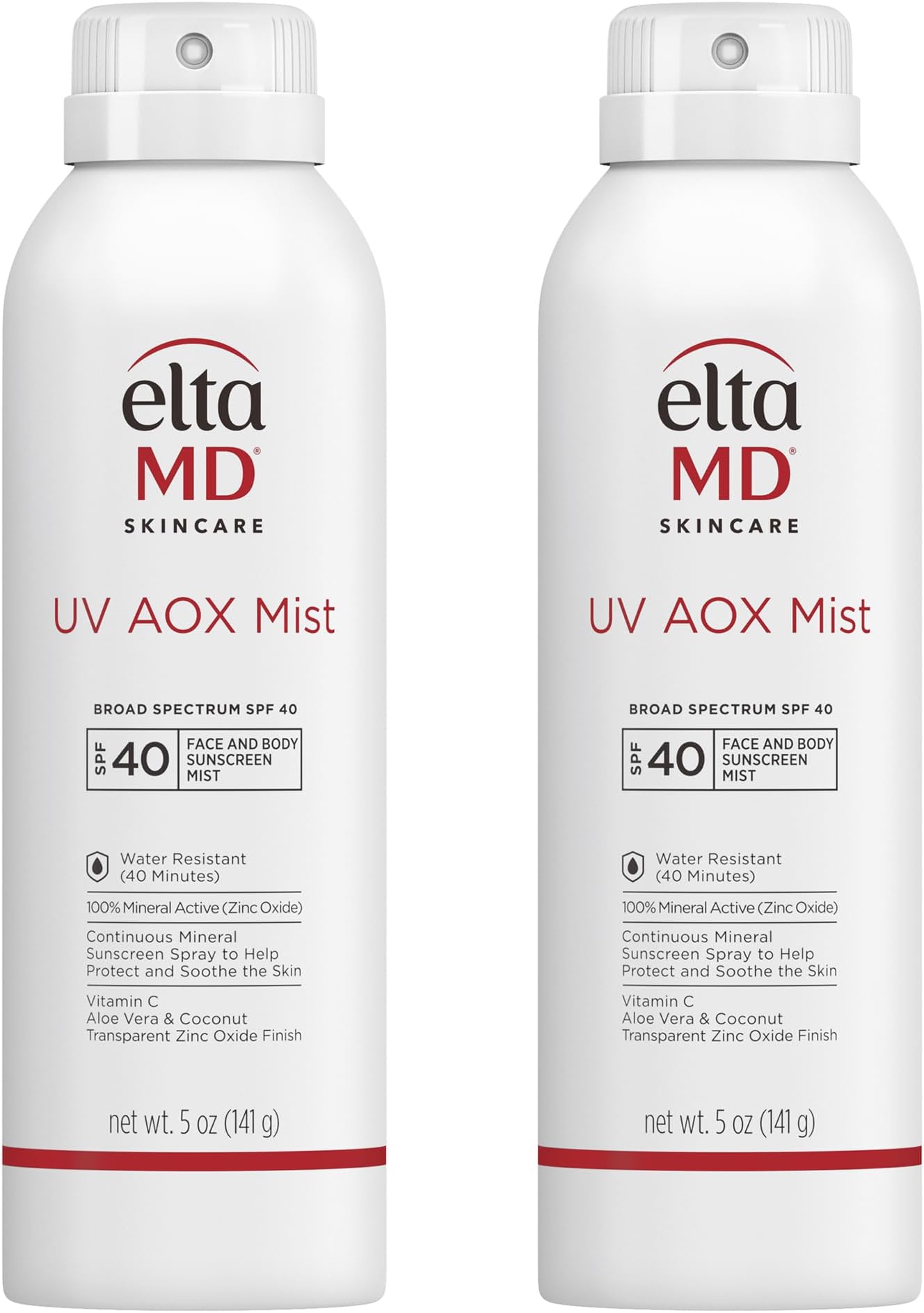 EltaMD UV AOX Mist Mineral Sunscreen Spray, SPF 40 Spray Sunscreen for Face and Body, Zinc Oxide Formula with Antioxidants, 5 oz Bottle (Pack of 2)
