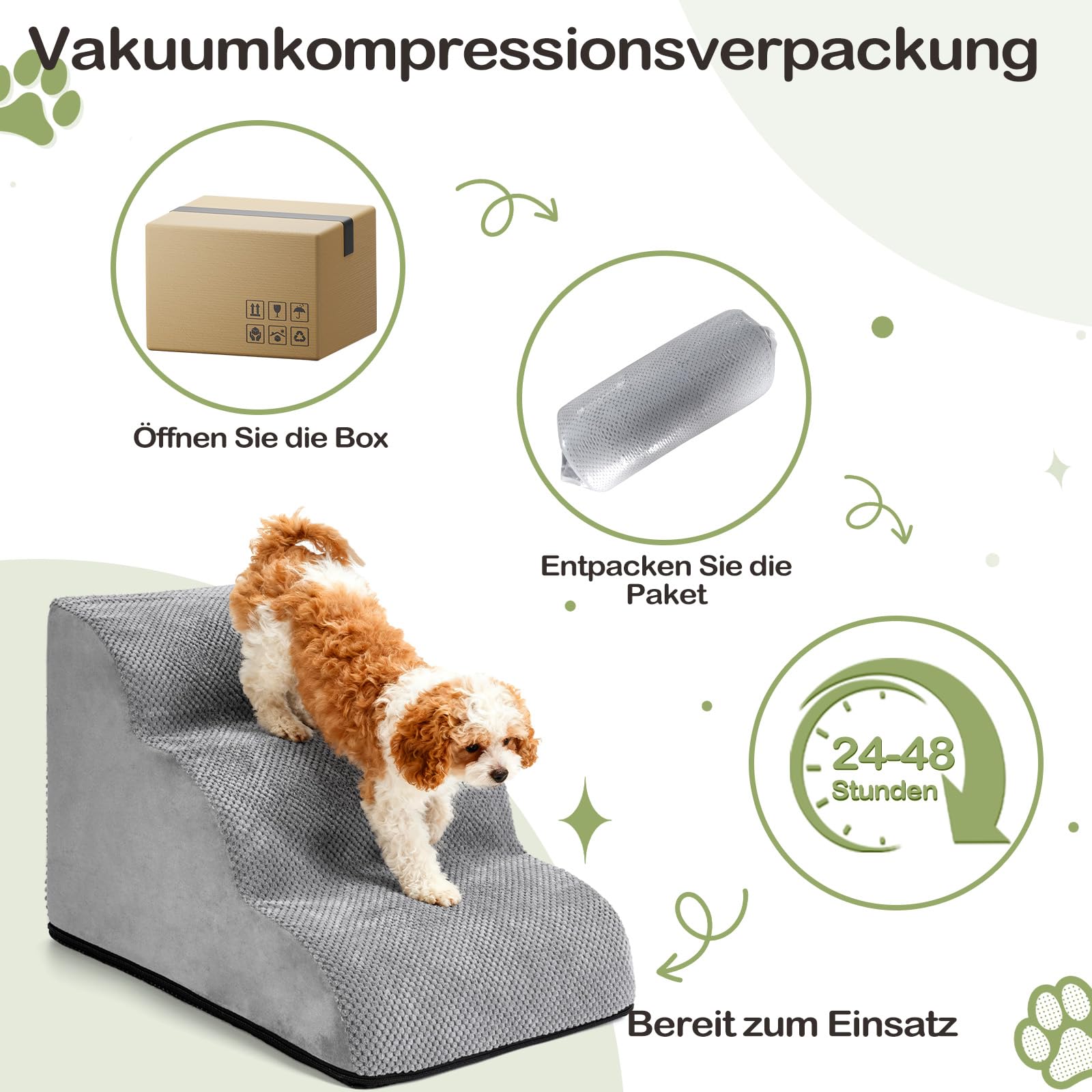 Hundetreppe für Kleine Hunde 40cm, 30D Hochdichter Schwamm Hundetreppe, Haustiertreppe für Bett Sofa mit Waschbarem Bezug und Rutschfestem Boden, 40x60x40cm, 3 Stufen, Grau