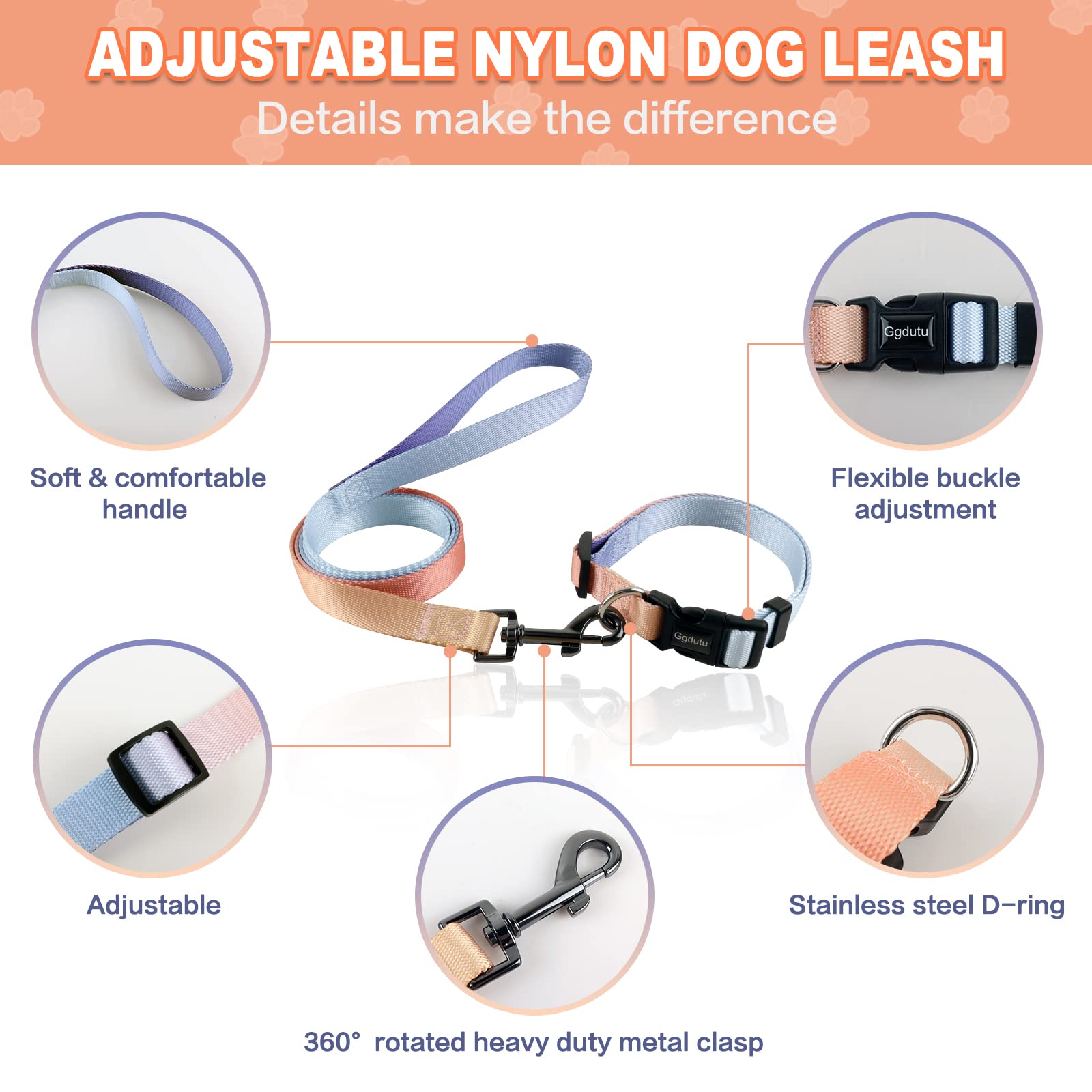 Ggdutu Set Collare e Guinzaglio per Cani, Collare Regolabile, Nylon resistente addestramento cane guinzaglio, Adatto a cani di taglia media e grande, Misure 1.5m x 2.0 cm(Taglia-M) Sfumato beige