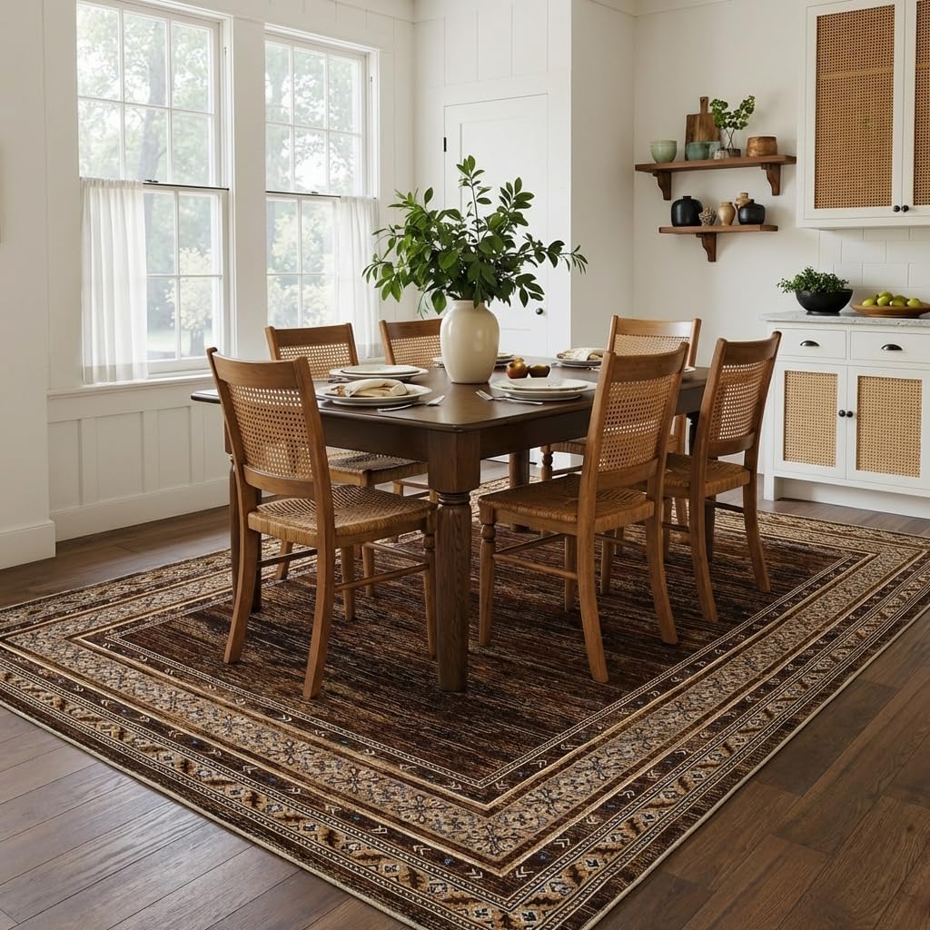 Modern Solid Area Rug 5x7 Washable Non Slip Neutral Rugs for Living Room, Non-Shedding Stain Resistant Bordered Throw Carpet, Foldable Floor Rugs for Bedroom Dining Table, Red Brown