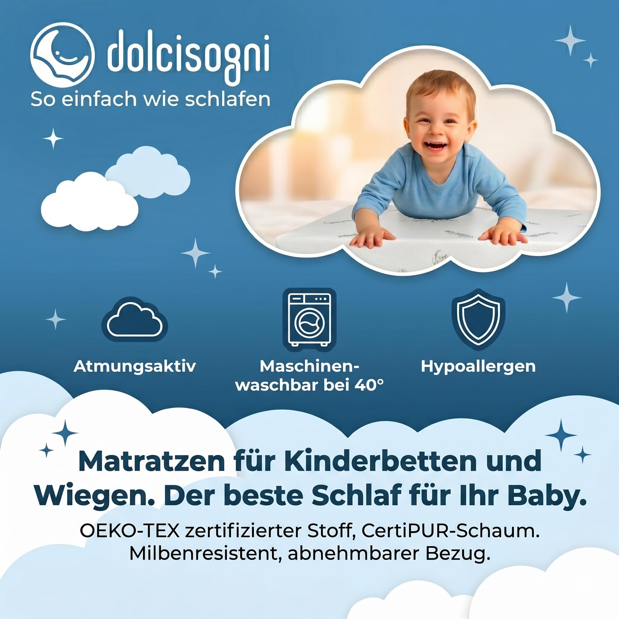 DOLCI SOGNI Stubenwagen Matratze 50x83 cm - Beistellbett Chicco next2me - 100% Made in Italy - Oeko-TEX® & CertiPUR™ - Baby Matratze mit waschbarem Aloe-Vera-Bezug