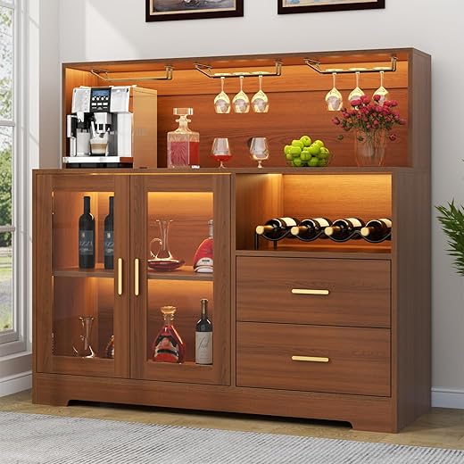 Auromie Wine Bar Cabinet with LED Light, Home Coffee Cabinet with Wine and Glass Rack, Kitchen Buffet Sideboard with Storage Cabinet&Drawers, Modern Liquor Cabinet for Living Room Dining Room (Brown)