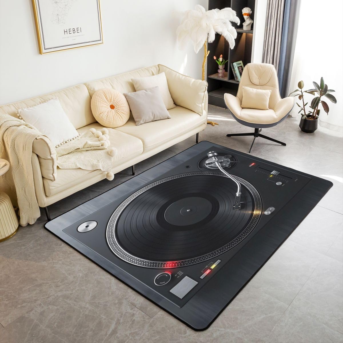 Vintage Record Decorative Carpet, Phonograph Musical Theme Living Room Rugs for Music Instruments Popstar Party Indoor Floor Mat Black Decor Area Rug 4'x5'
