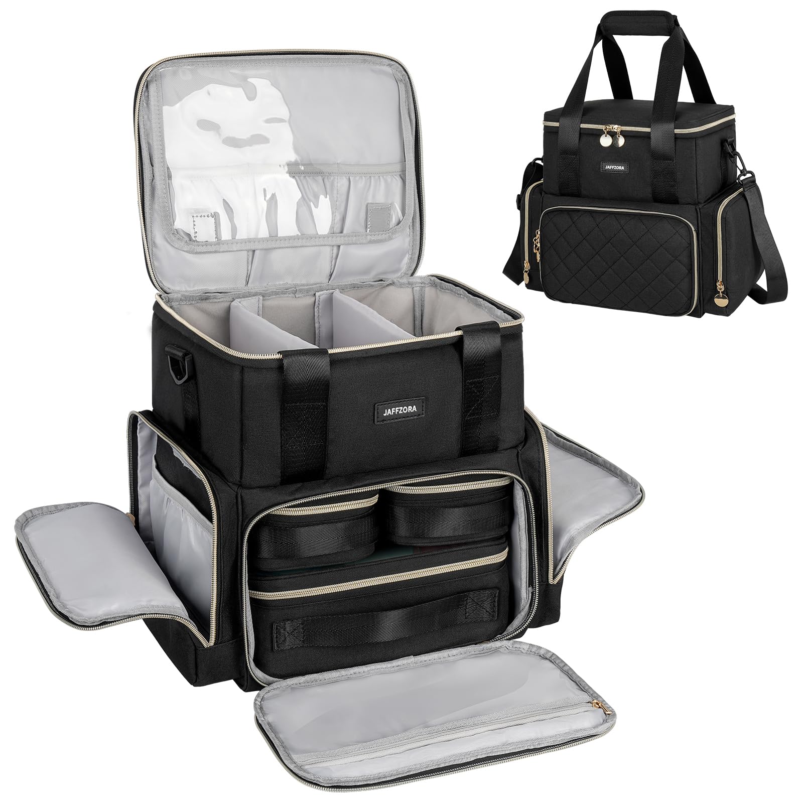 Extra Large Makeup Bag with 3 Removable Cases, Double Layers Travel Cosmetic Storage Organizer Bag with Detachable Dividers, Black