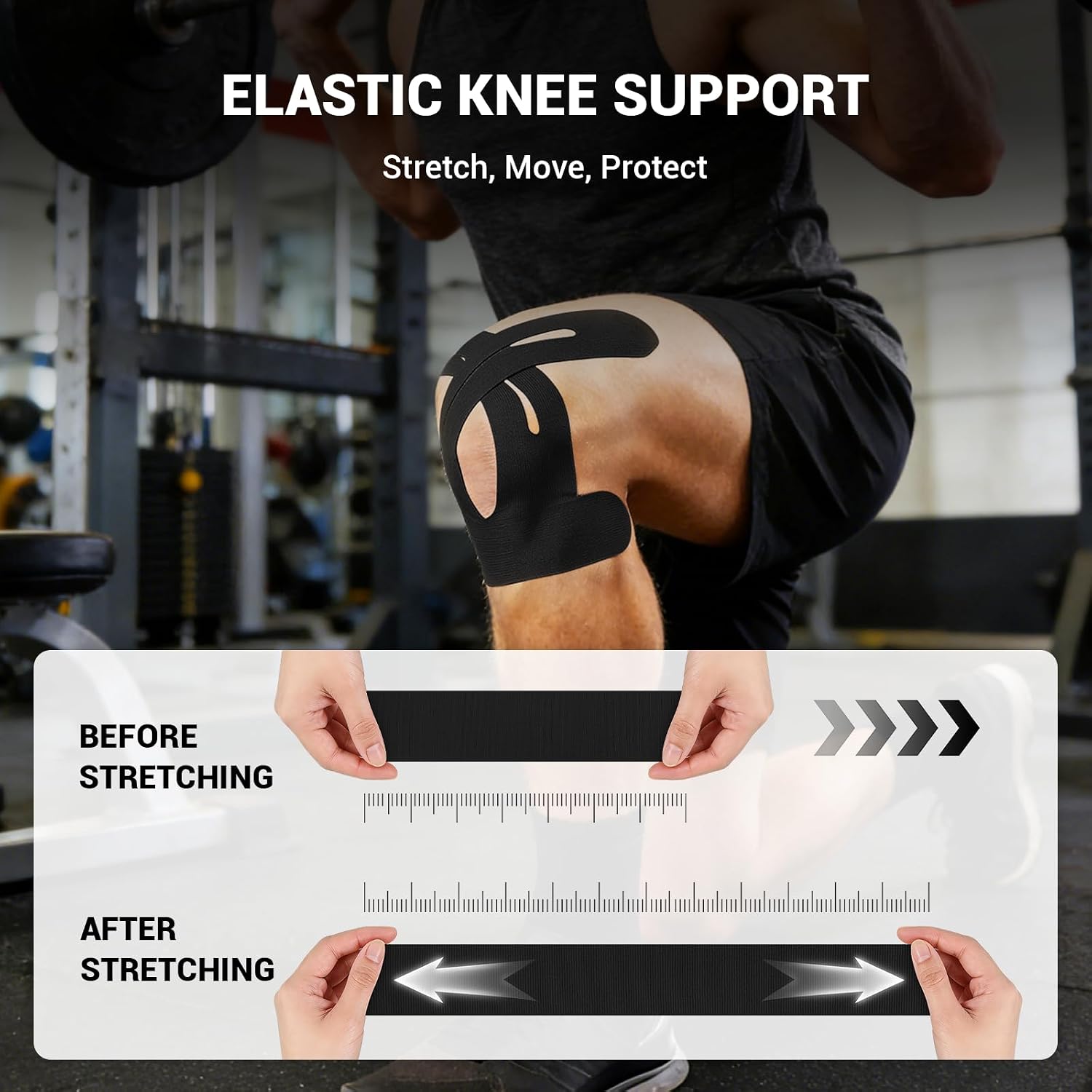 12 Pack Precut Kinesiology Tape for Knees & Shoulder, Knee Support & Stability for Sports, Waterproof & Elastic Tape for Knee Pain Relief, Breathable Hypoallergenic & Latex-Free, Black