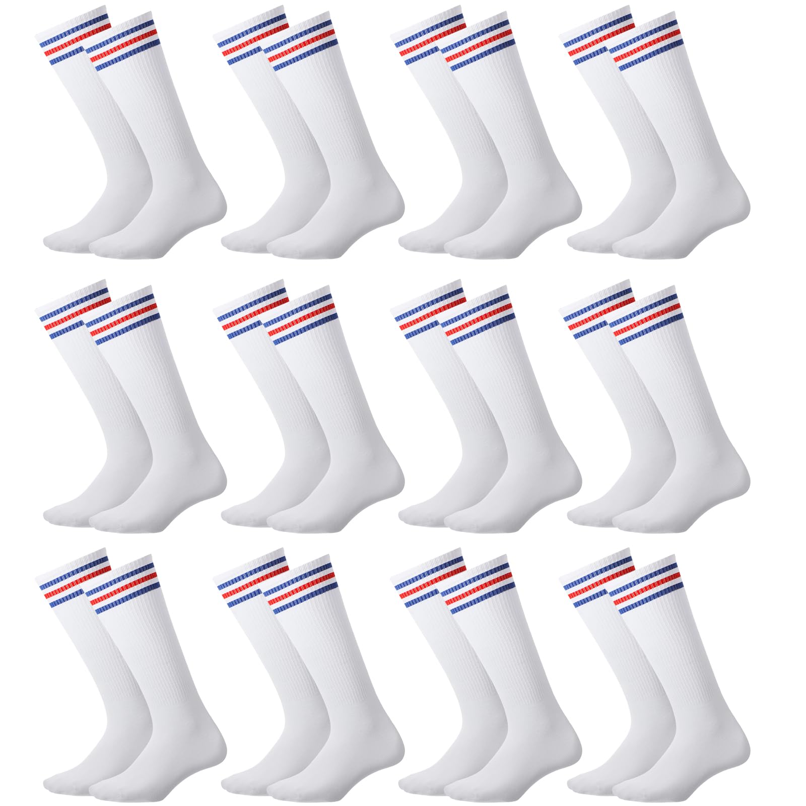 Haysandy 12 Pair Knee High Athletic Cotton Socks Team Tube White Socks with Stripe Tube Over The Calf High Socks for Adult