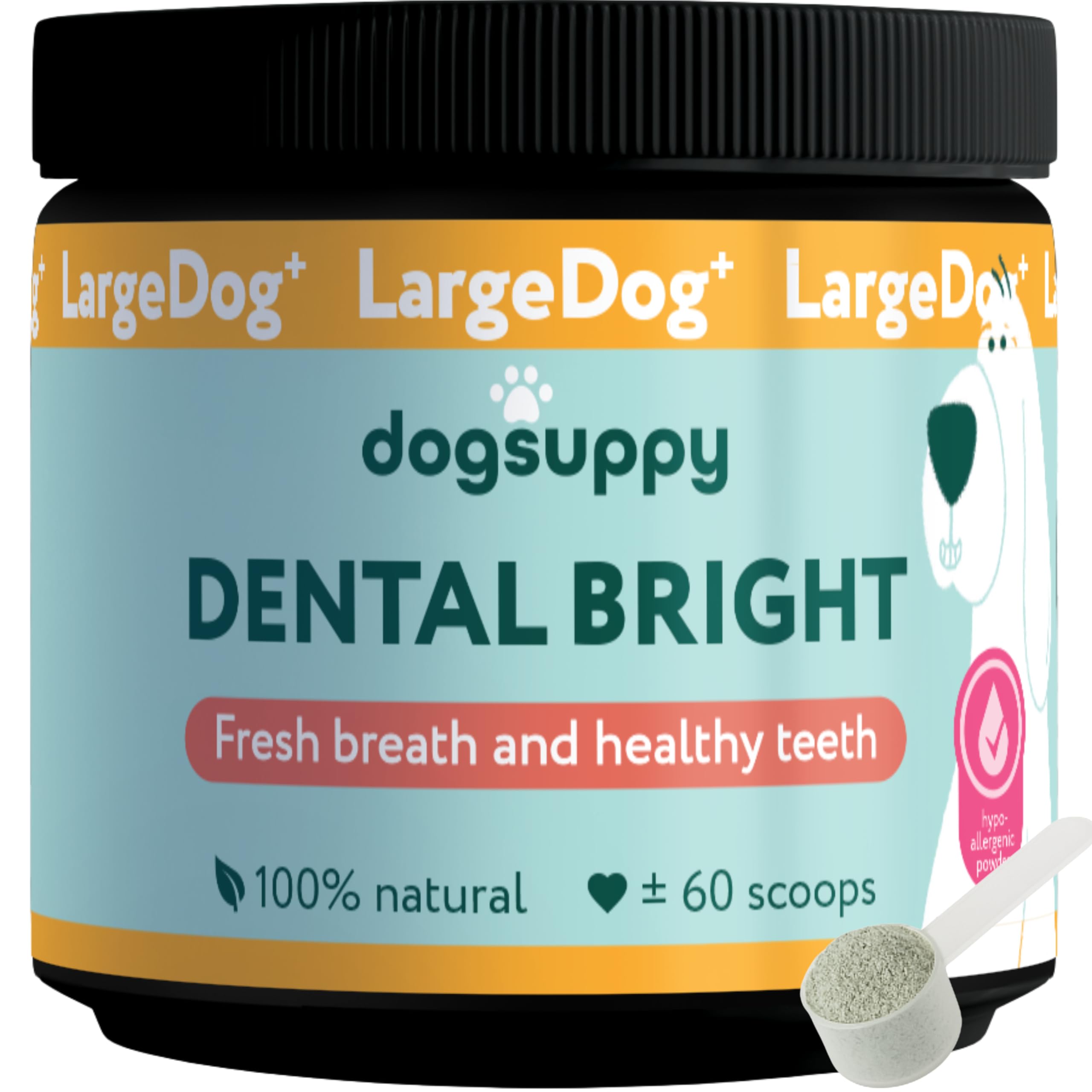 DogSuppy LargeDog⁺ Dental Bright For Dogs - Fresh Breath & White Teeth, Reduces Plaque & Tartar, 100% Natural, 3-in-1 Formula, No Brushing Needed - For Large Breeds +20 kg | 60 Scoops (250g)