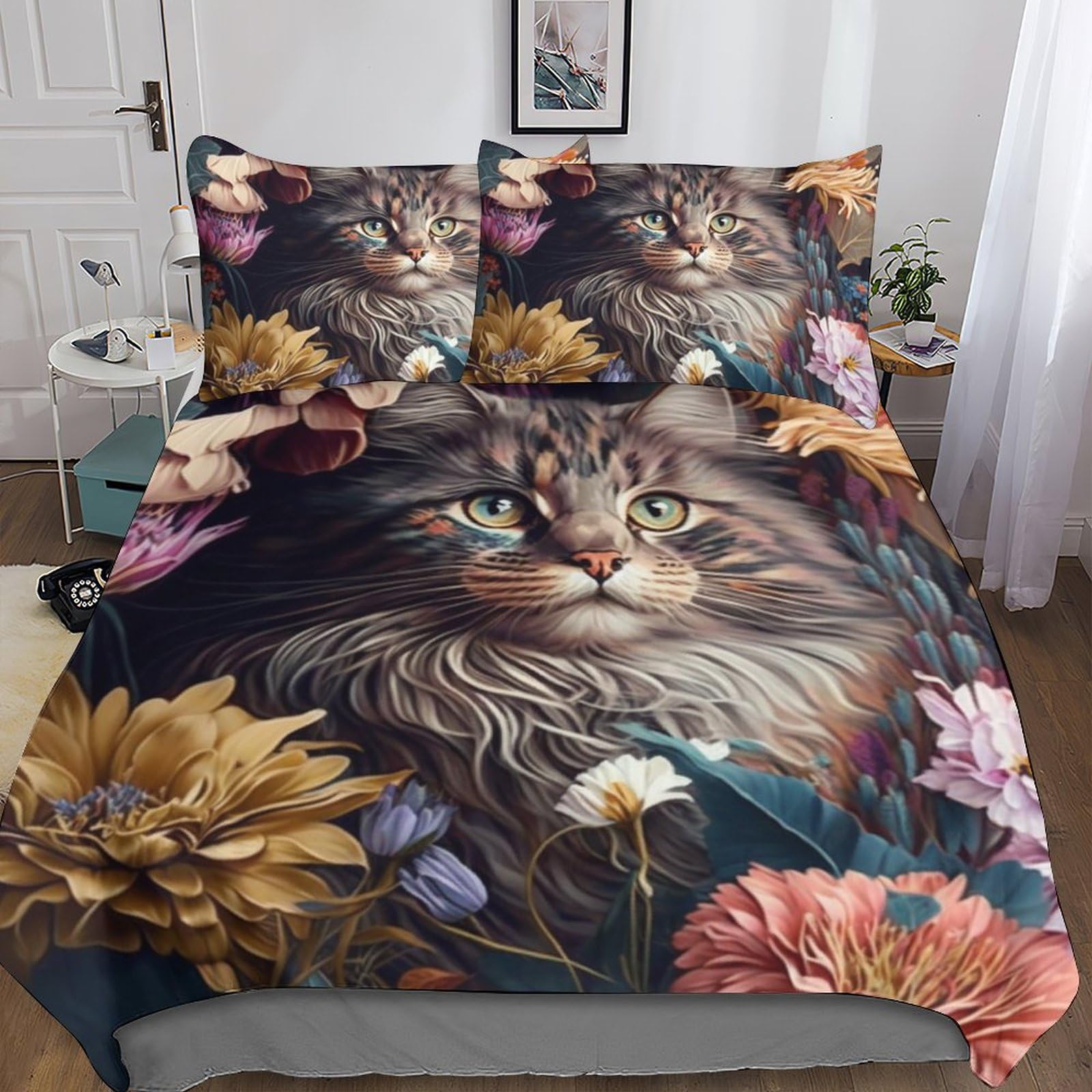 Parure de couettes microfibre avec couvre-lits 3D imprimé chat et taie d'oreiller