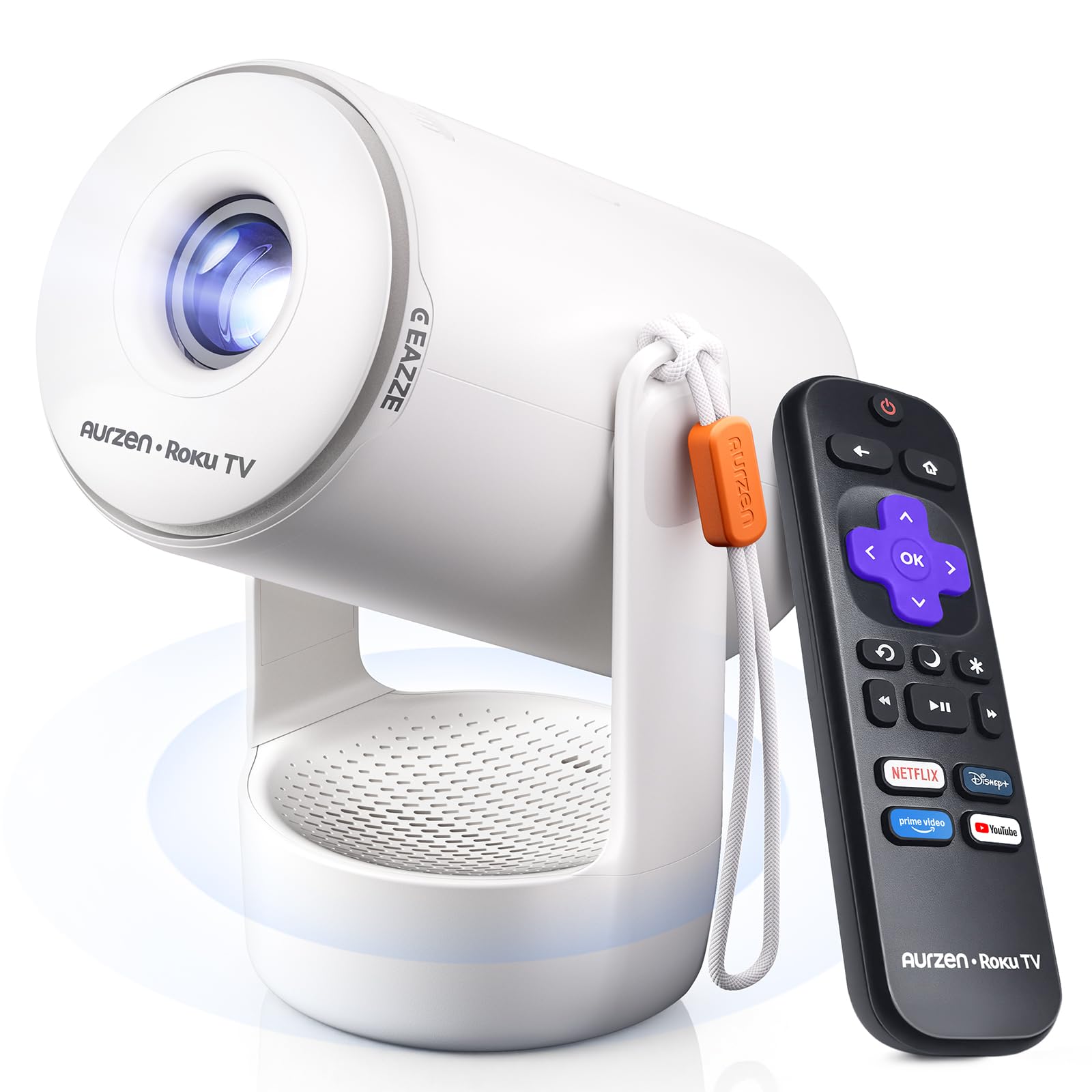 Aurzen Roku TV E1R Smart Portable Mini Projector with WiFi and Bluetooth | Roku TV Built-in, Upgraded Sound Base, 180° Rotation, Auto Vertical Keystone, Zoom, Portable for Home Movie/Bedroom/Outdoor