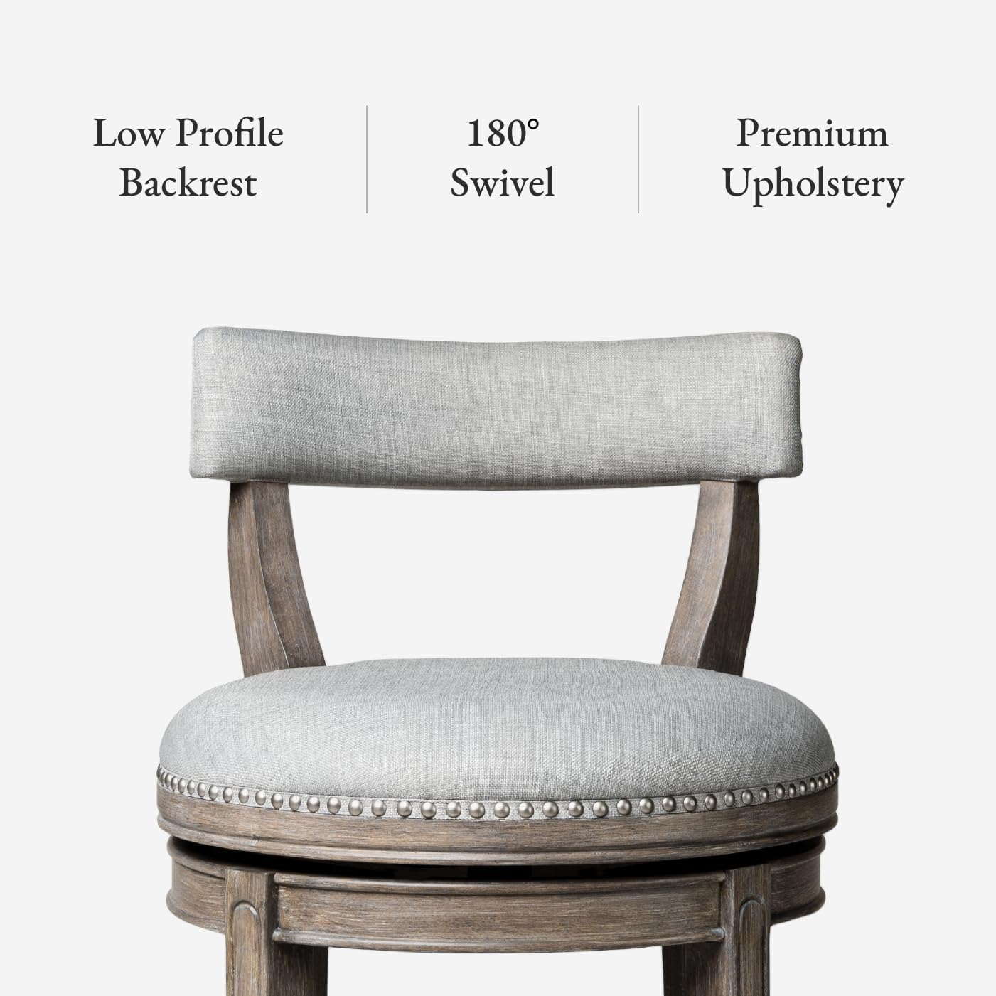 Maven Lane Alexander Counter Stool 26 Inches – Swivel Stool with Footrest – Grey Solid Wood and Grey Fabric Upholstery – Perfect for Kitchen Island and Counter