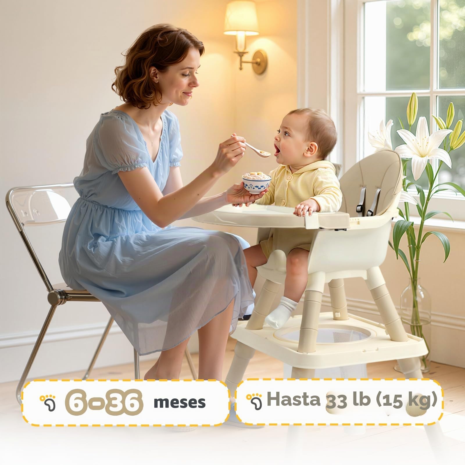 Bonnlo Silla Alta para Bebé con Función de Reclinación, Silla para Bebé a Partir de 6 Meses para Comer y Bañera, Premium con Marco Dorado, Incl. Bandeja Doble y Reposapiés, Hasta 15 kg (Beige, 6560)