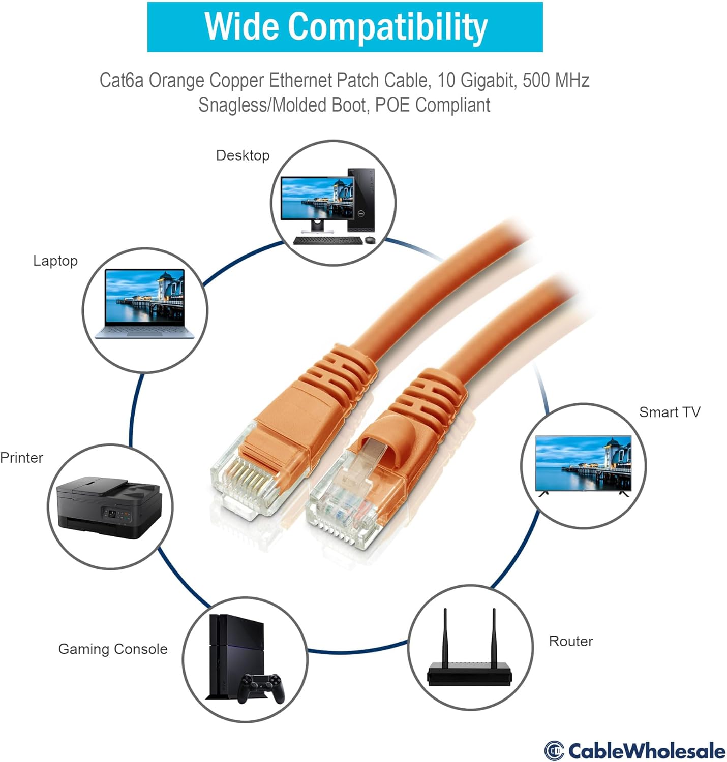CableWholesale 35 Foot Orange Cat6a Ethernet Patch Cable, Snagless/Boot with RJ45 Connector, 500 MHz, 24 AWG, UTP(Unshielded Twisted Pair) Stranded Copper, Internet Patch Cable
