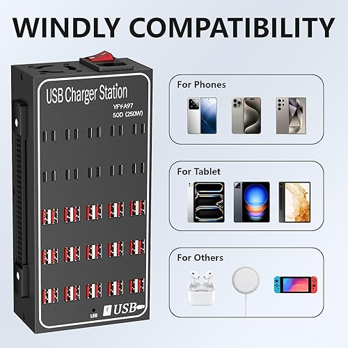 Miniatura 4 de Estación de carga USB múltiple, 50 puertos de 250 vatios (50 A), bloque de carga USB  C con interruptor de alimentación, estación de carga de