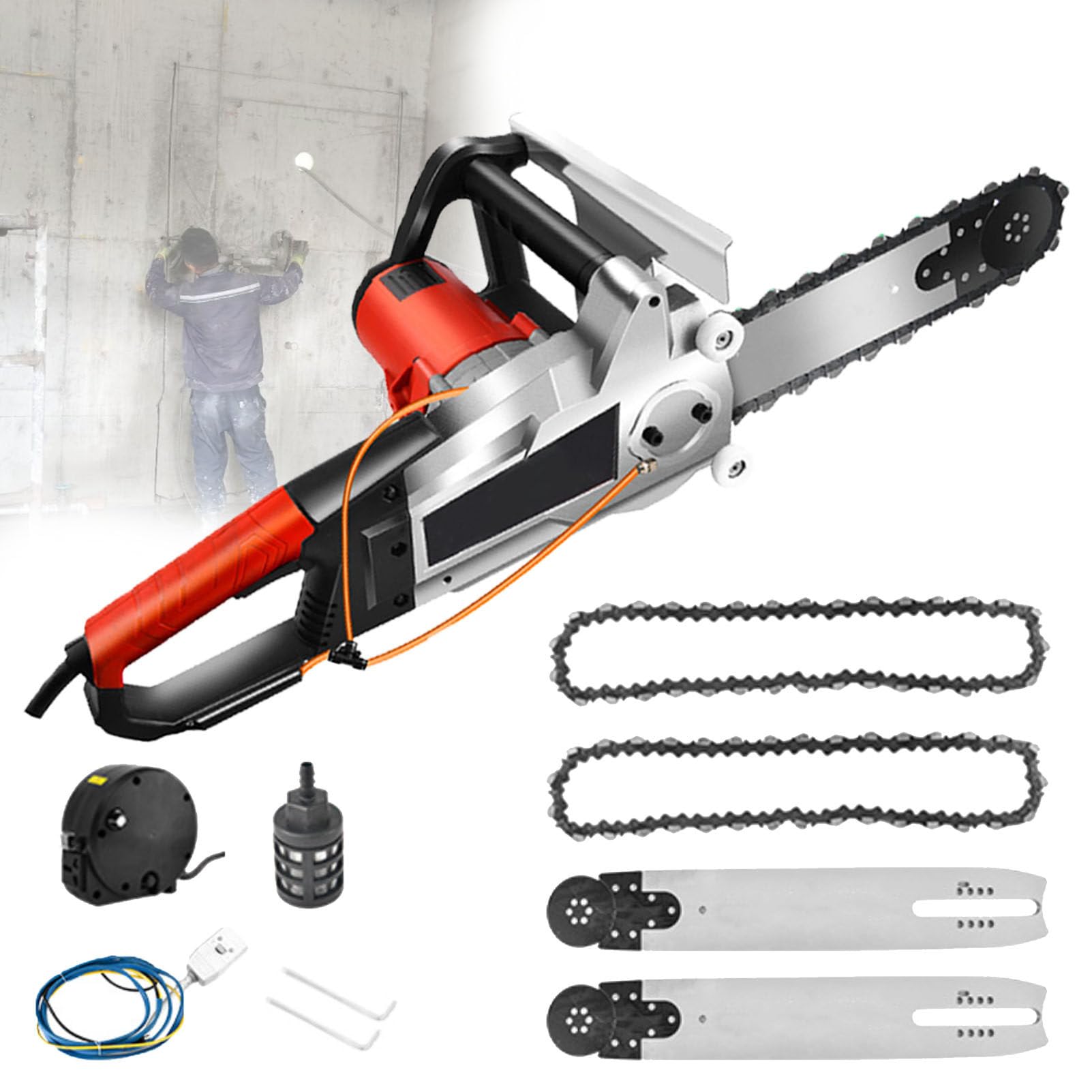 Segatrice Elettrica per Calcestruzzo con Sistemas di Abbattimento Polveri Ad Acqua, Taglierina Manuale A Catena Diamantata per Calcestruzzo Armato, Granito, Mattoni 2Chain-48CM