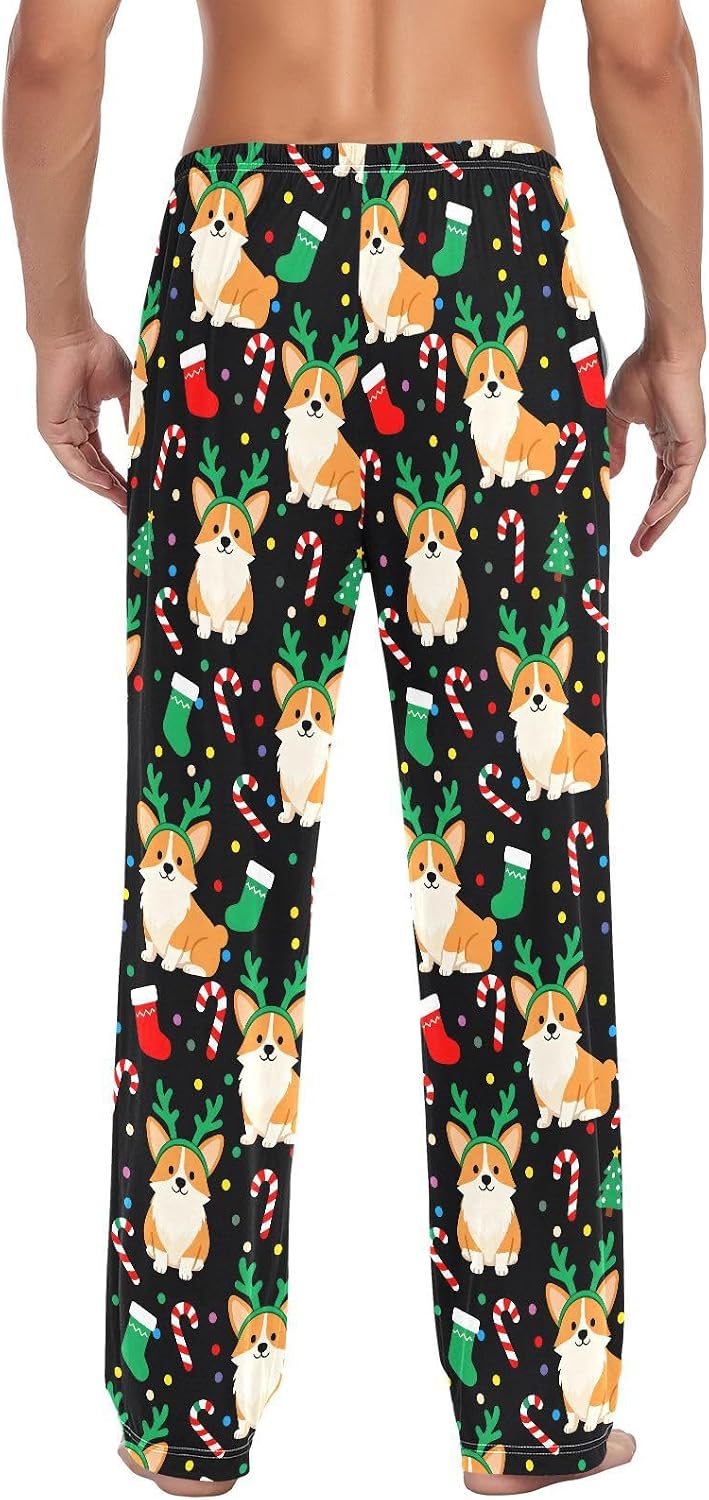 ALAZA Corgi Dog Christmas Men's Pajama Pants Men Cotton Pajama Bottoms with Pockets, S