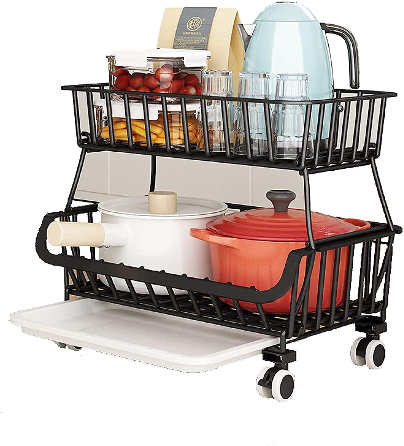 Rack de rangement de cuisine chariot roulant utilitaire en métal à 2 niveaux