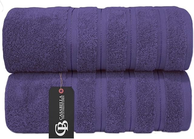Casabella Premium Quality 2 Pk Purple Bath Sheets 100% Combed Cotton 650 GSM Jumbo Bath Sheet Set Quick Dry Towels Bath Sheets Highly Absorbent 2 Purple Extra Large Bath Towels