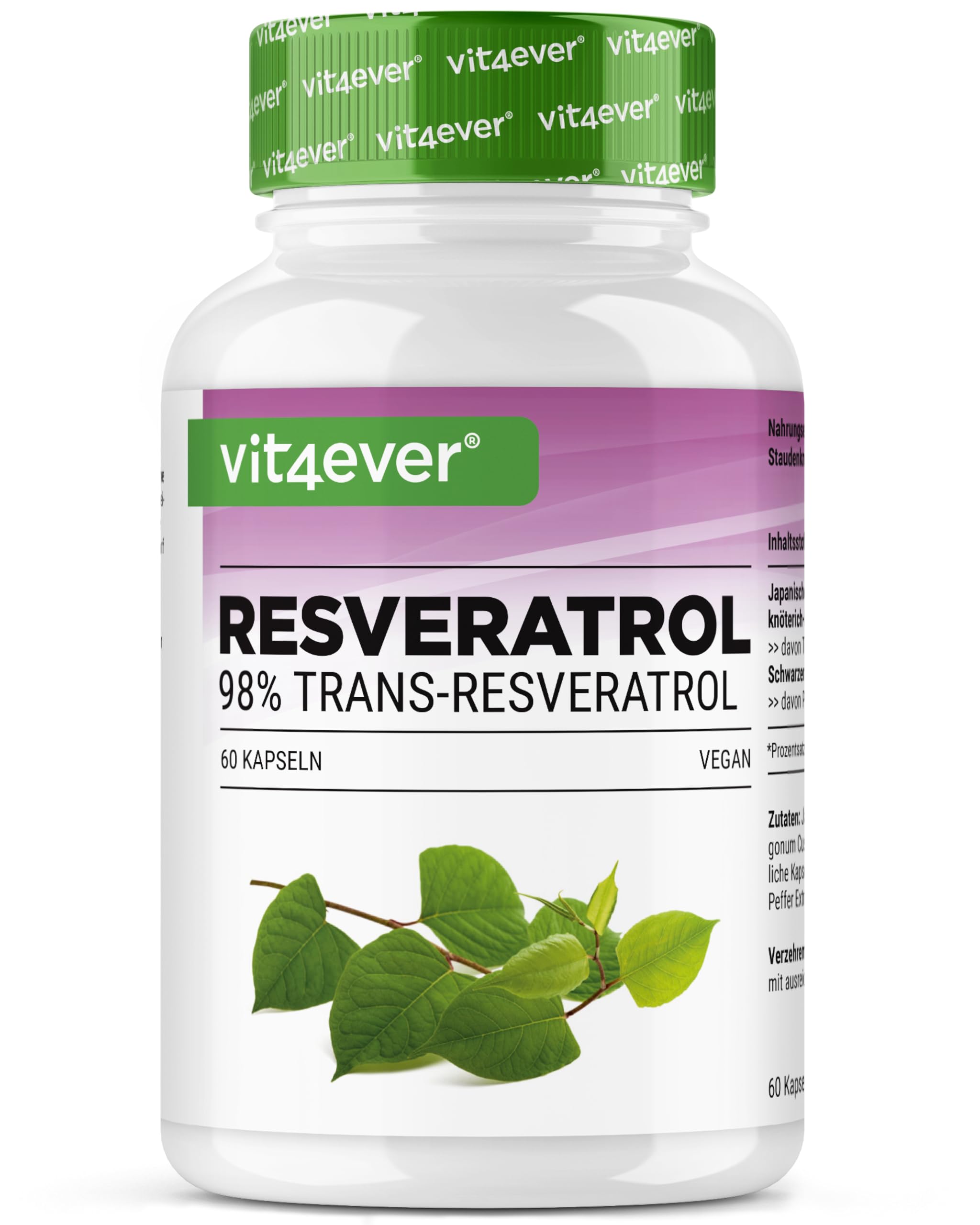Resvératrol - 520 mg par Gélule - 98% Trans-Resvératrol de l'Extrait de Racine de Renouée du Japon 100:1 + Pipérine pour une Biodisponibilité Optimisée - 60 Gélules - Hautement Dosé - Vegan