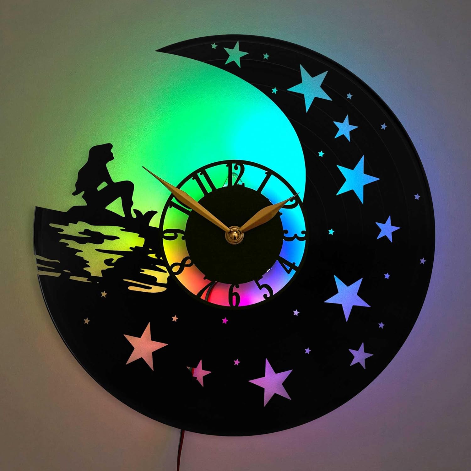 Mermaid Wall Clock with Led Light, Home Decor, Gift Idea, Black Vinyl Record