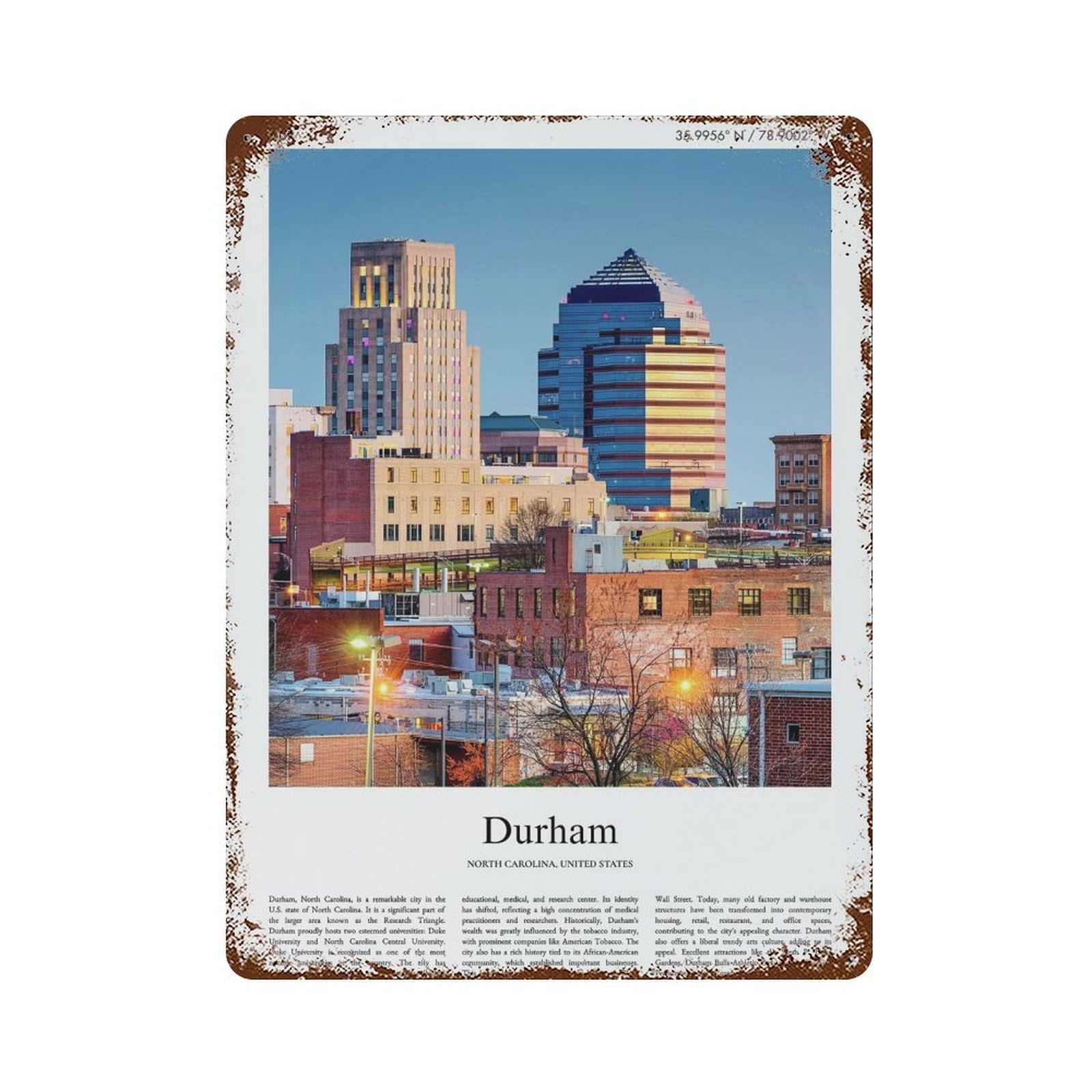 xiaoxiaoshen Durham North Carolina, United States, USA City Scenery Wall Decor Art Metal Tin Poster Modern Home Decor Art Home Bar Shop Decorations Vintage Sign 40x30cm